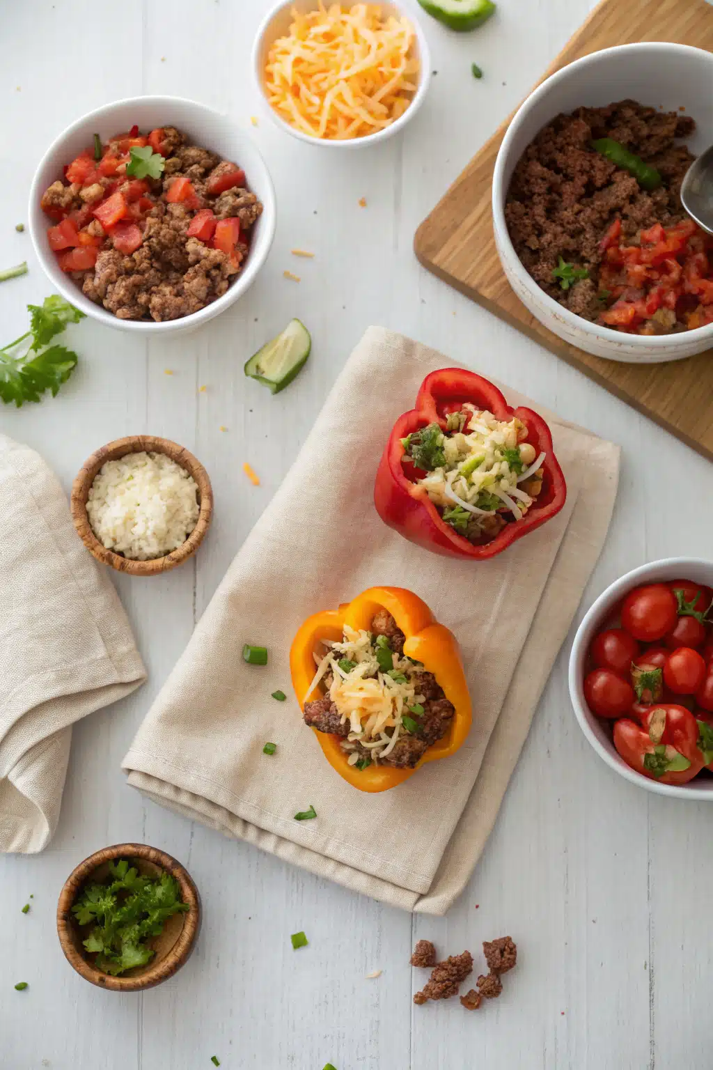 Stuffed Peppers beautifully presented from an overhead angle