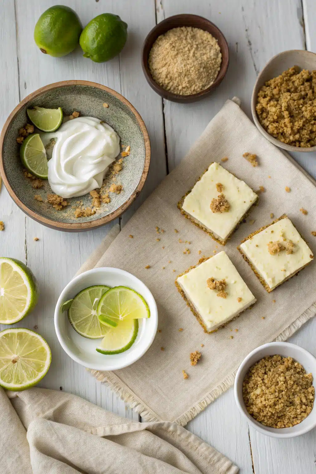 Key Lime Pie Bars beautifully presented from an overhead angle