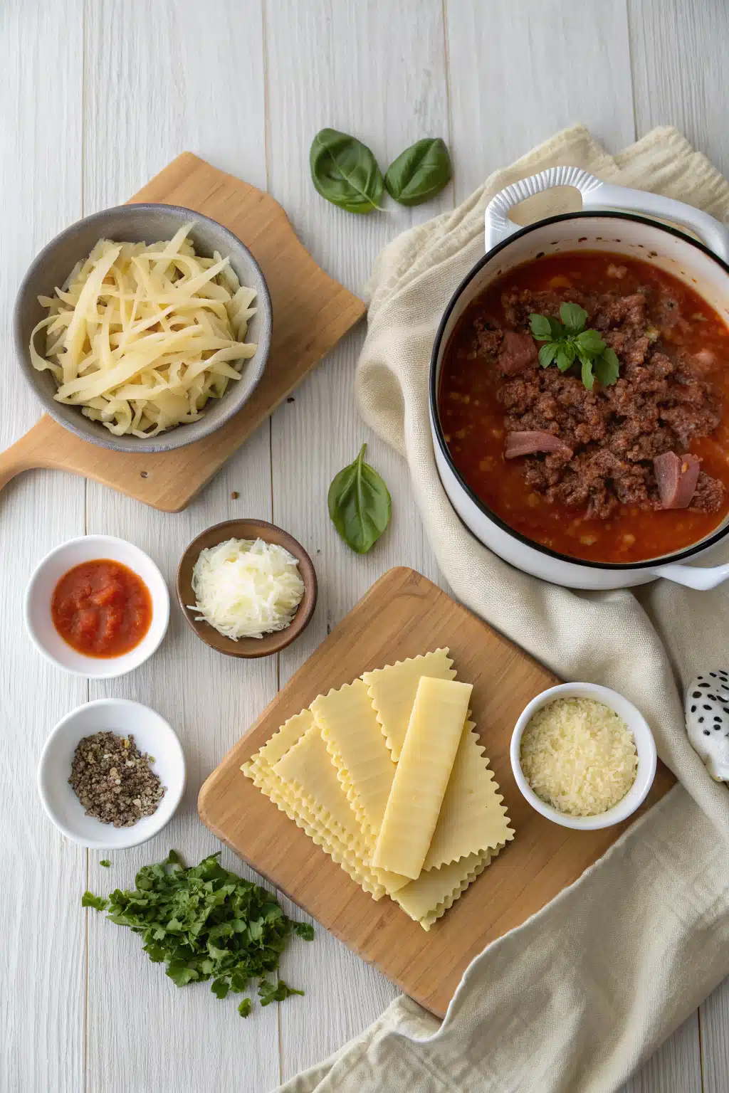 Lasagna Soup beautifully presented from an overhead angle