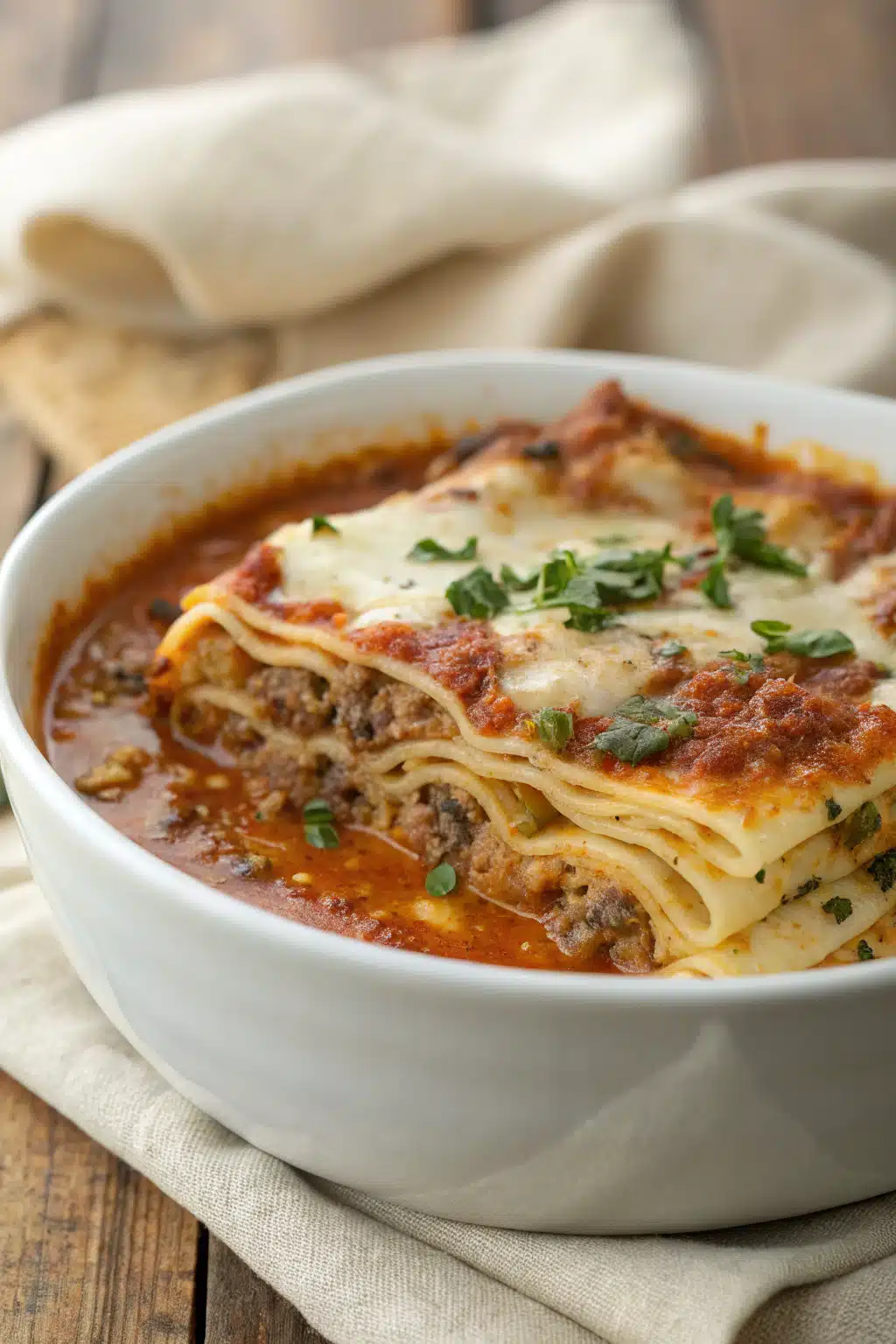 Lasagna Soup slice on plate showing perfect texture and swirl pattern