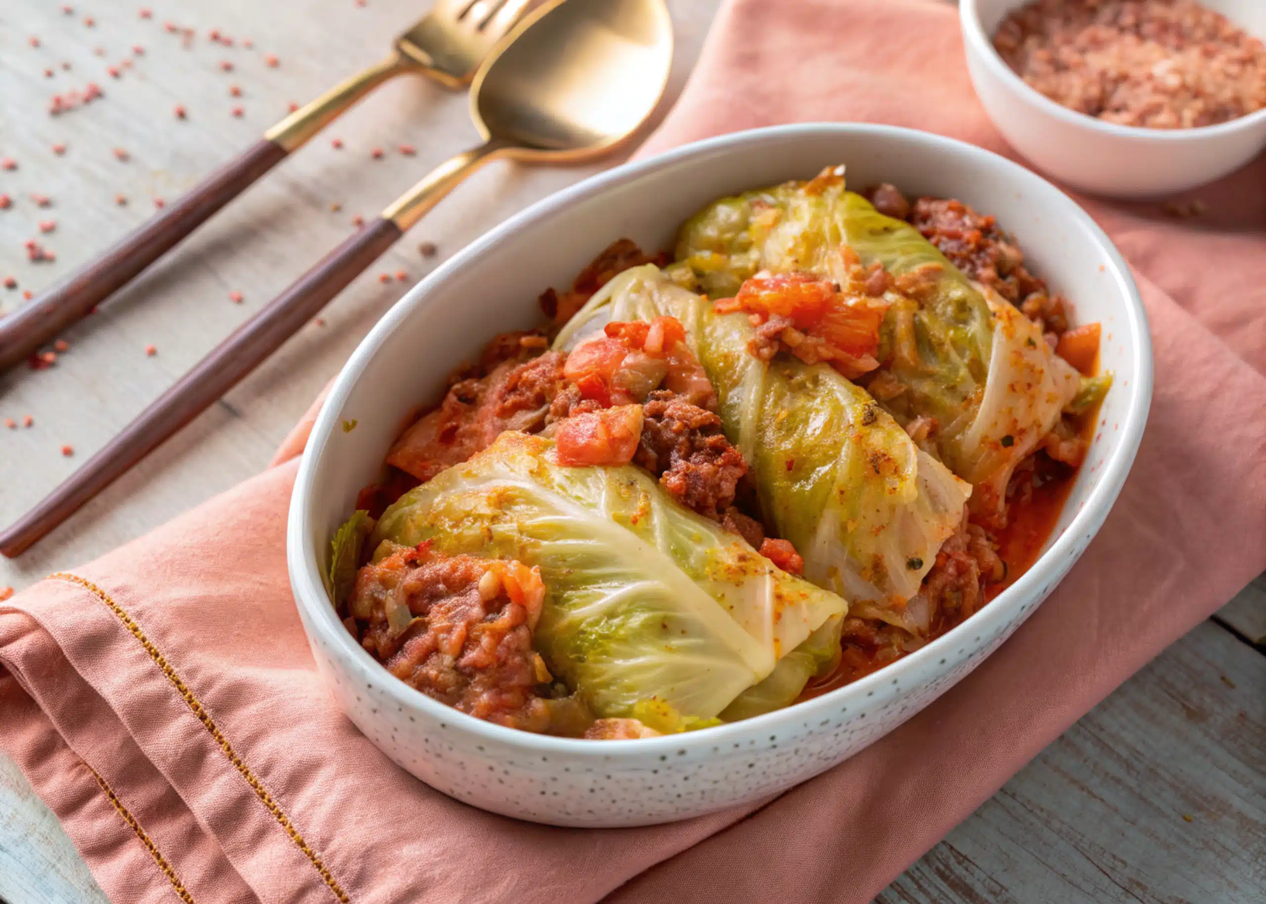 Cabbage Roll Casserole beautifully presented from an overhead angle