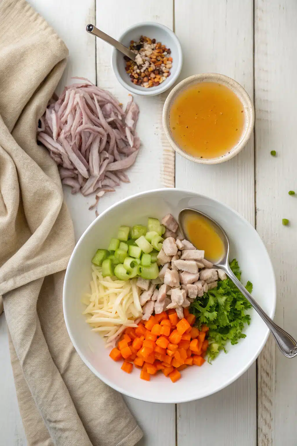Leftover Turkey Soup beautifully presented from an overhead angle