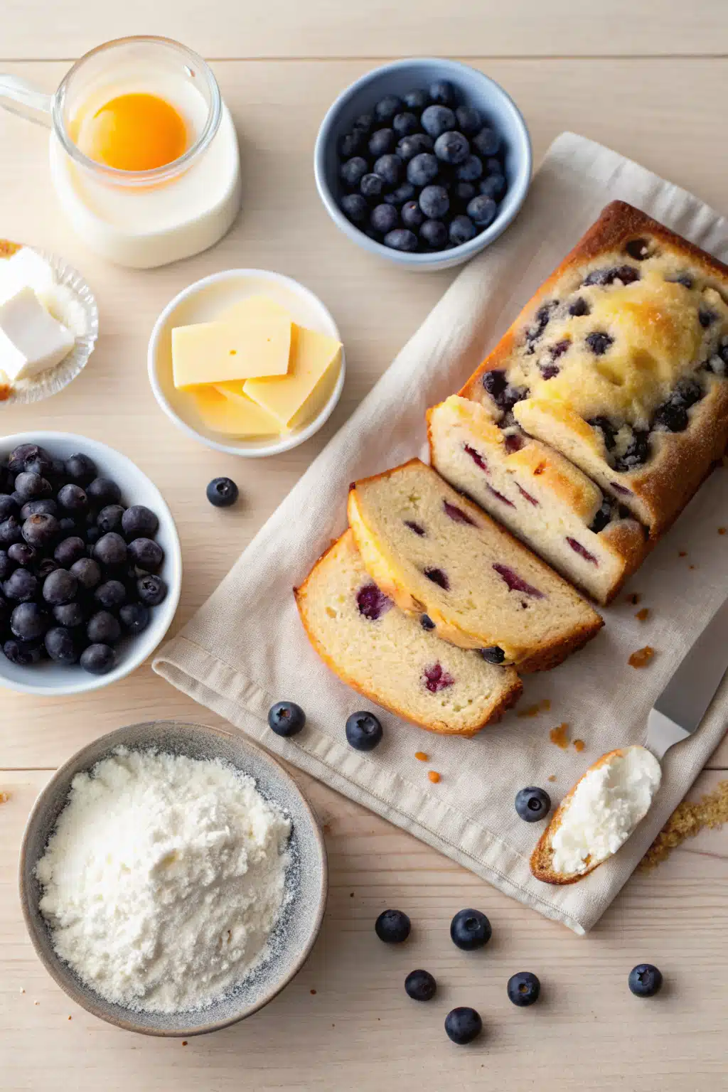 Blueberry Bread Loaf beautifully presented from an overhead angle