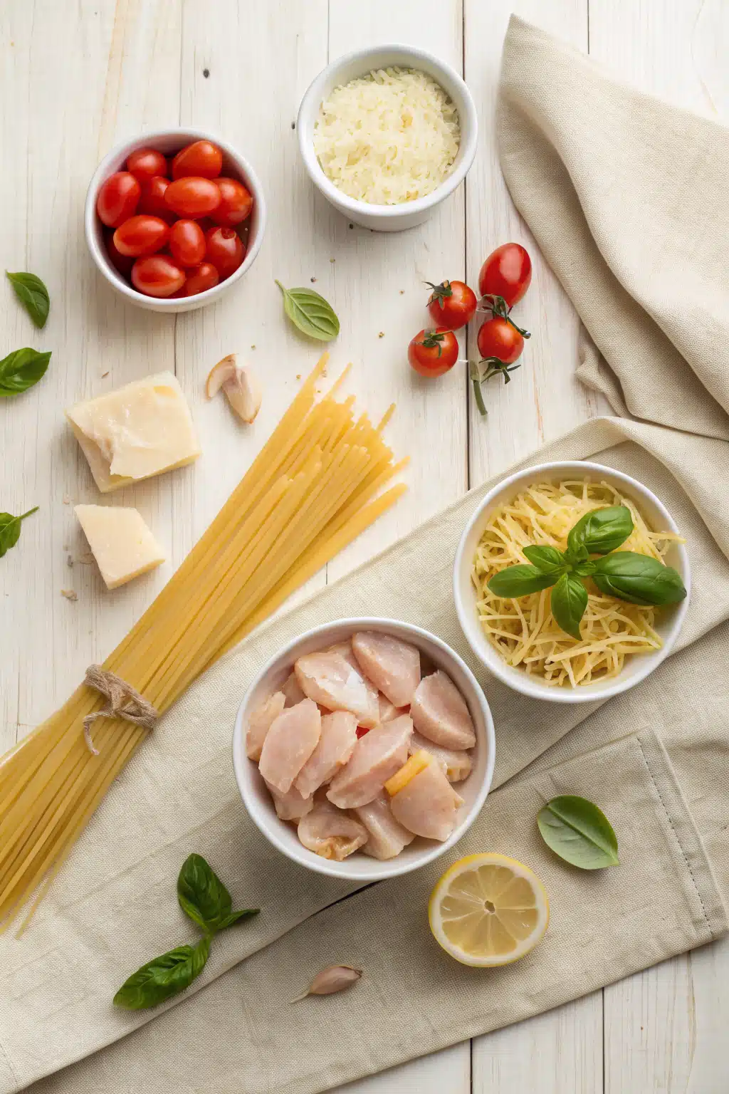 Lemon Chicken Pasta beautifully presented from an overhead angle