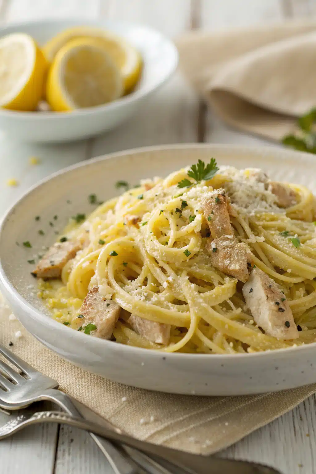 Lemon Chicken Pasta slice on plate showing perfect texture and swirl pattern