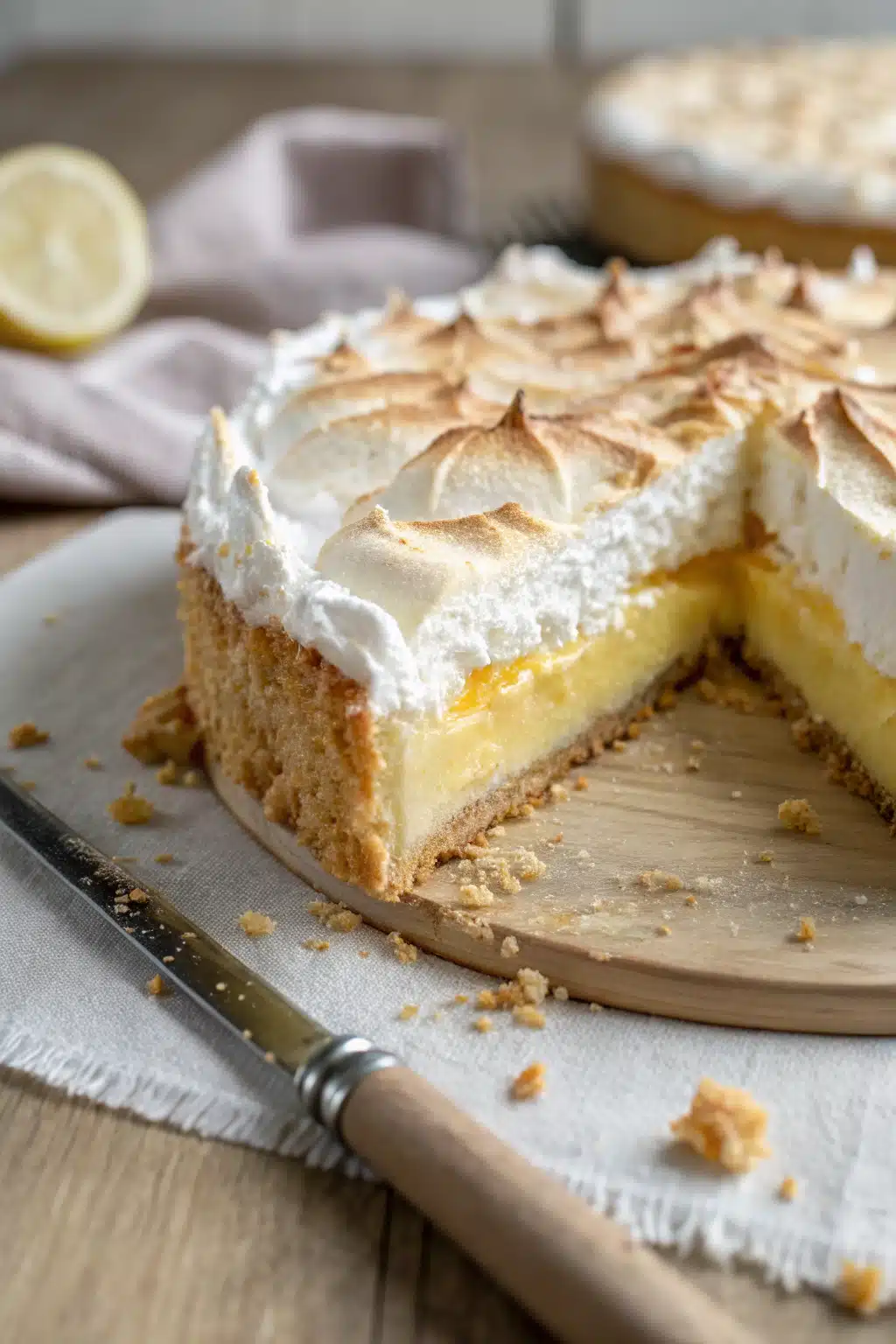 Lemon Meringue Cheesecake slice on plate showing perfect texture and swirl pattern