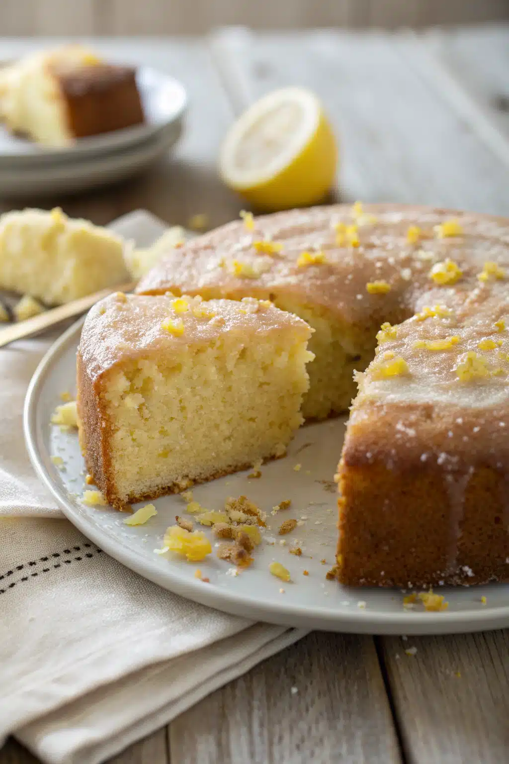 Lemon Olive Oil Cake slice on plate showing perfect texture and swirl pattern