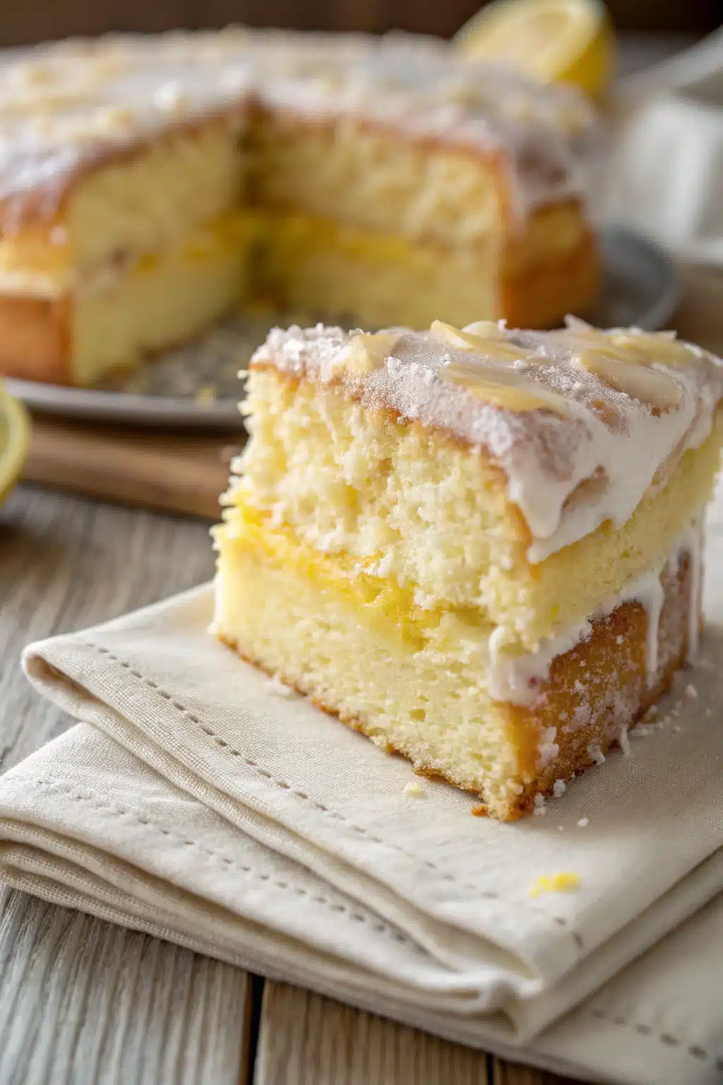 Lemon Poke Cake slice on plate showing perfect texture and swirl pattern