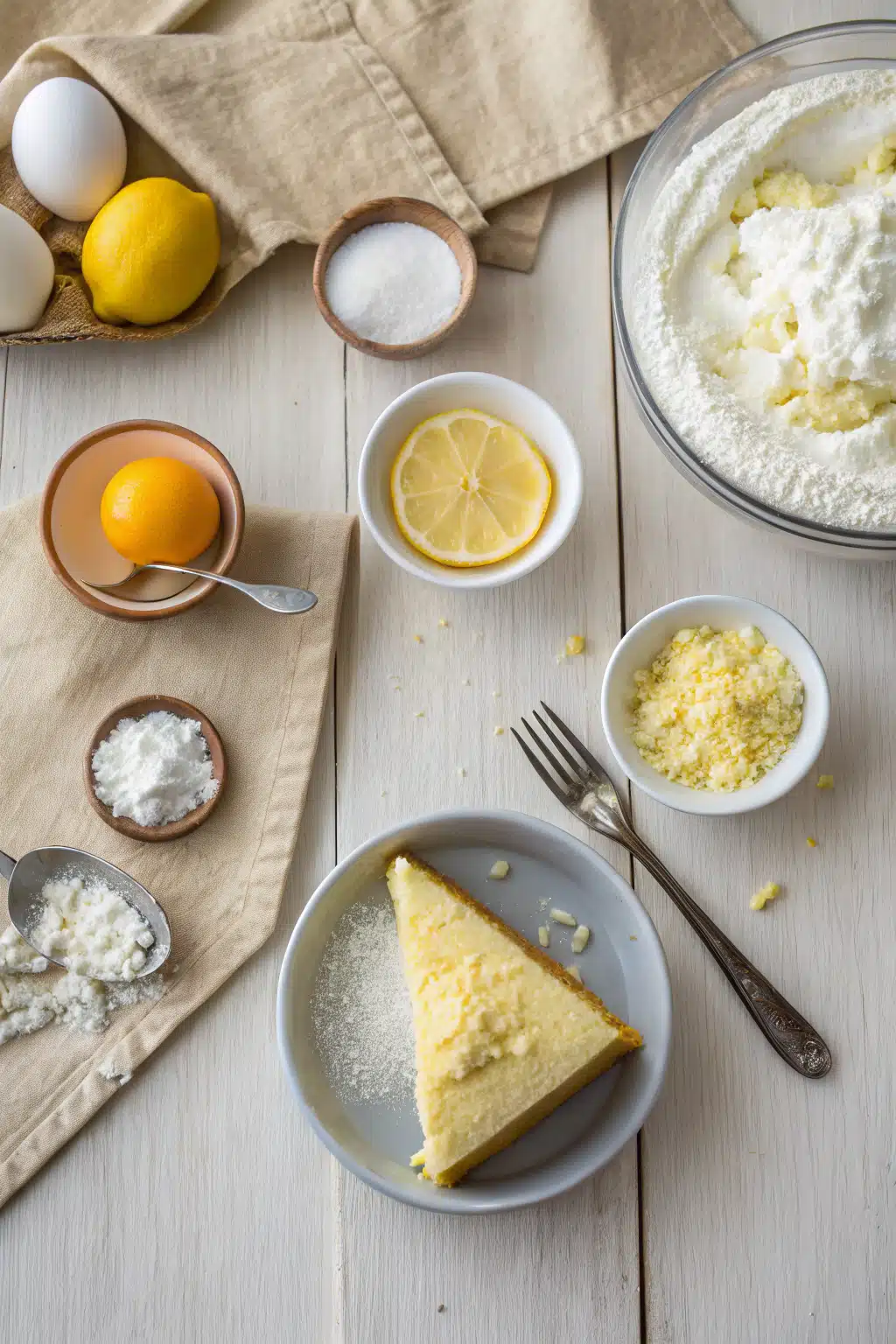 Lemon Ricotta Cake beautifully presented from an overhead angle