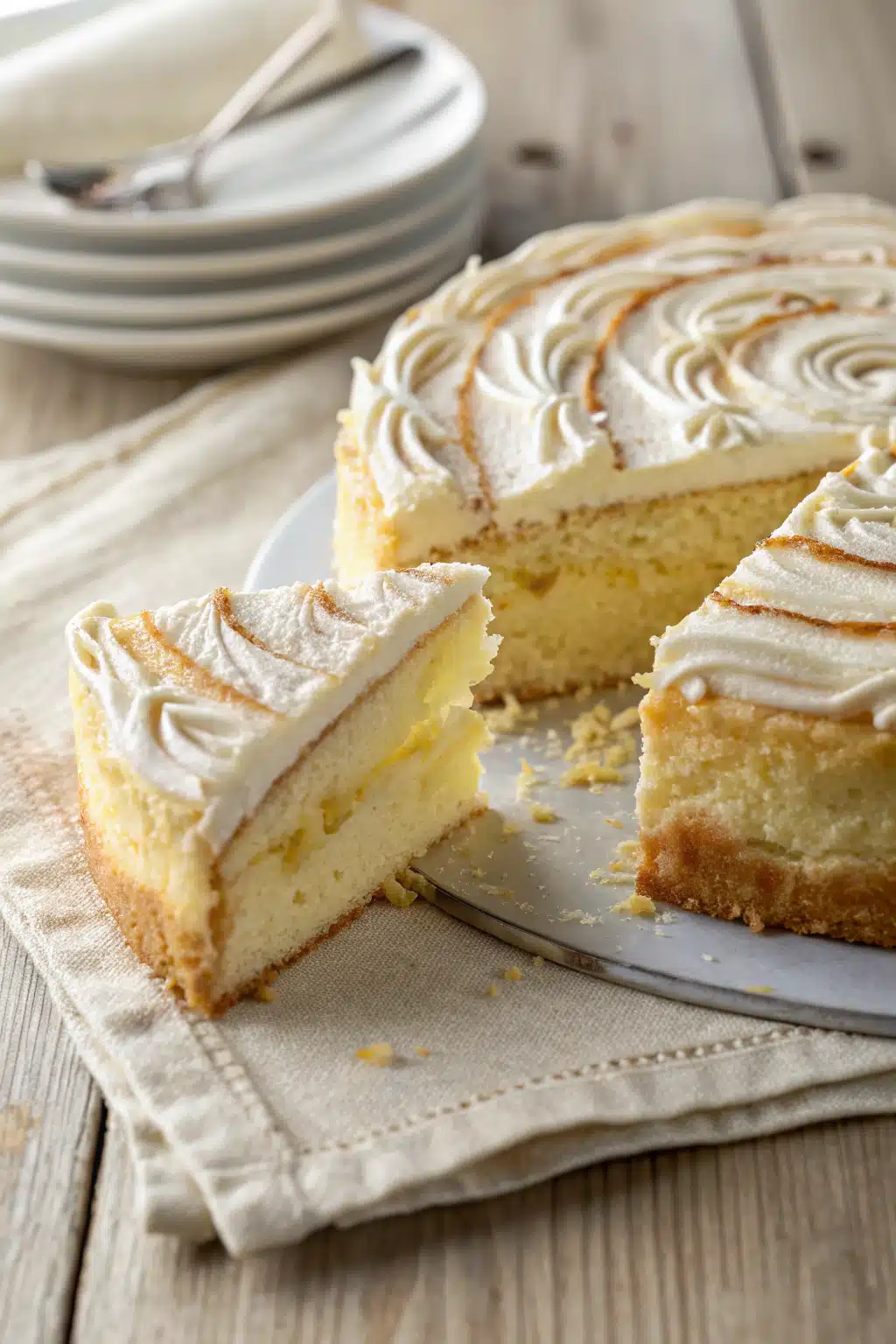 Lemon Ricotta Cake slice on plate showing perfect texture and swirl pattern