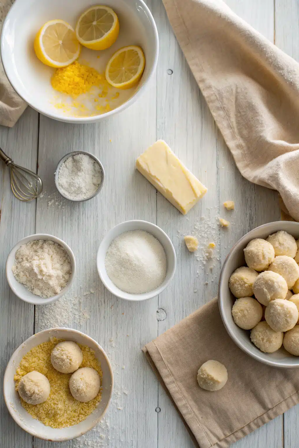 Lemon Sugar Cookies ingredients organized and measured on kitchen counter