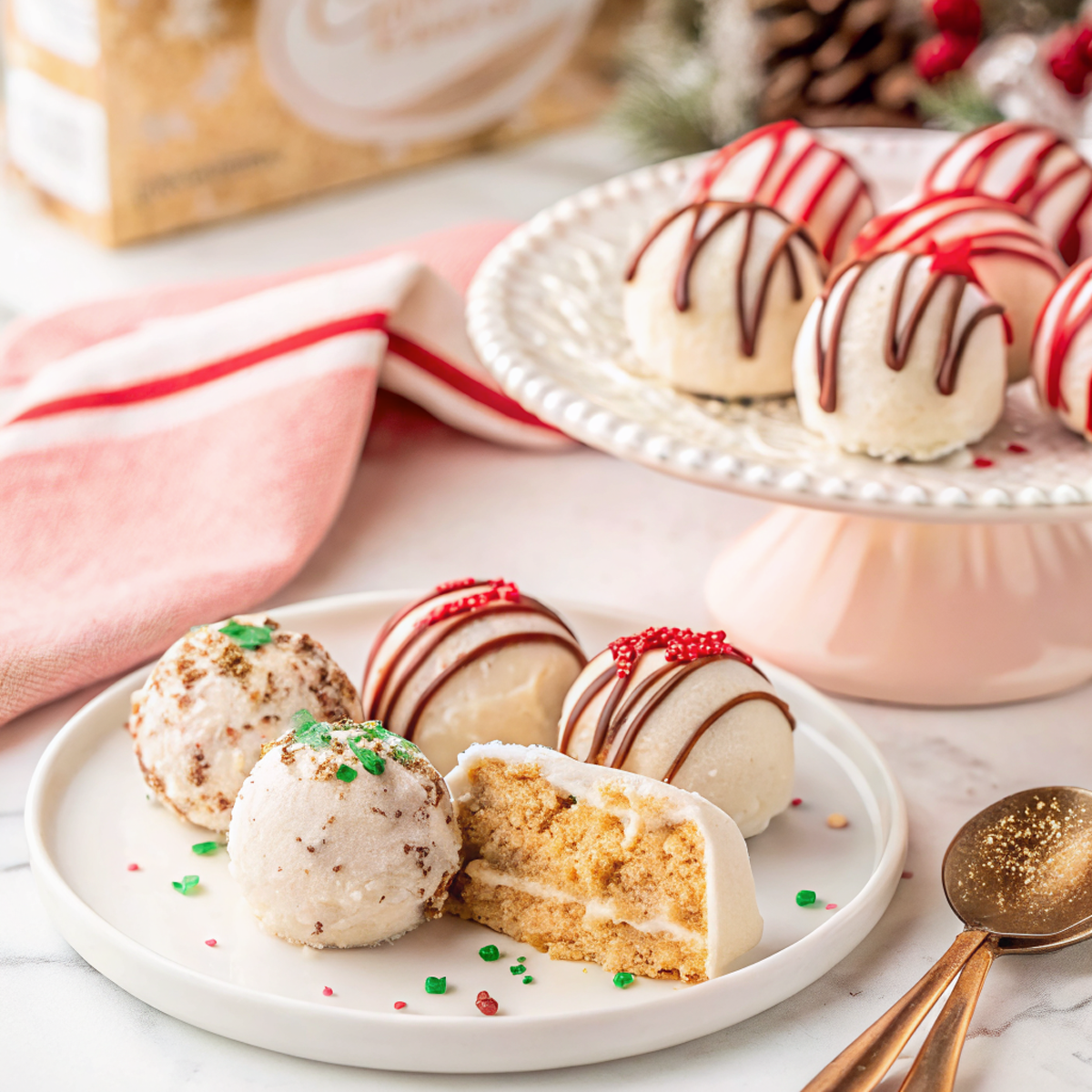 Christmas Cake Balls beautifully presented from an overhead angle