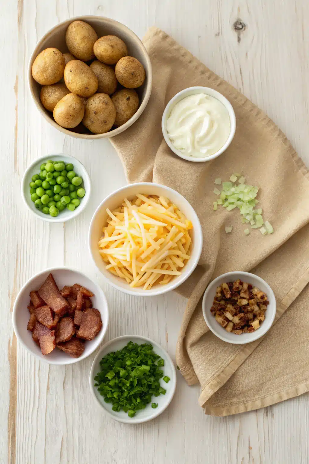 Loaded Baked Potato Soup beautifully presented from an overhead angle