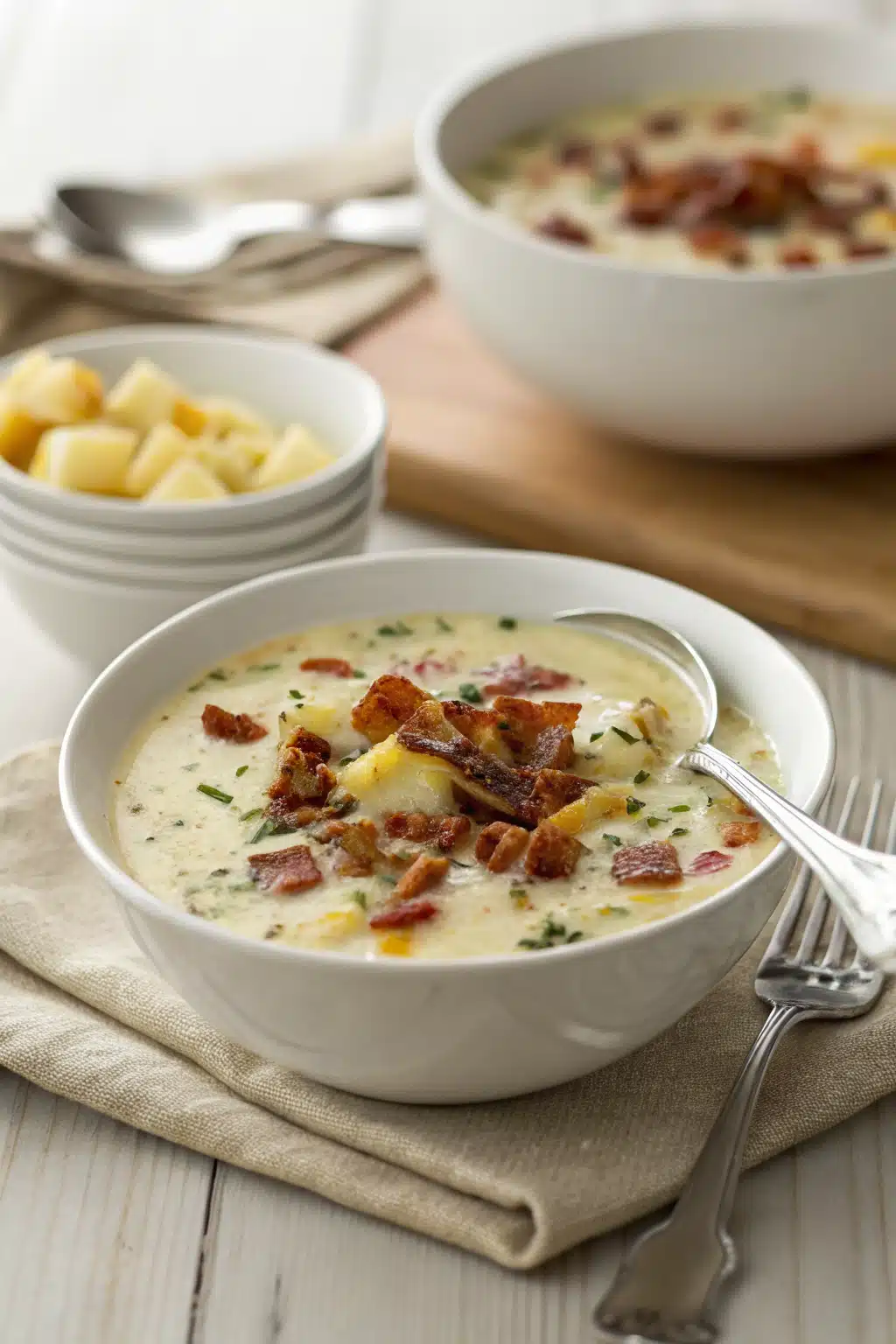Loaded Baked Potato Soup ingredients organized and measured on kitchen counter