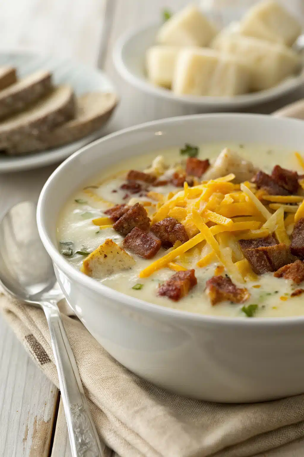 Loaded Baked Potato Soup slice on plate showing perfect texture and swirl pattern