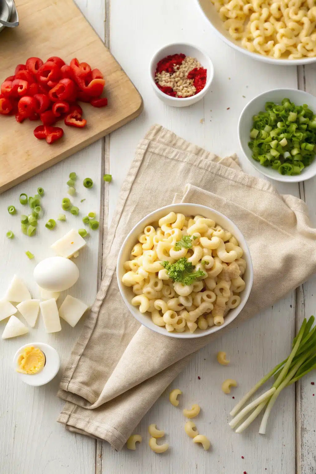 Macaroni Salad Tips beautifully presented from an overhead angle