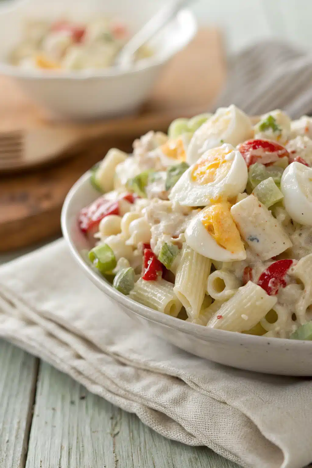 Macaroni Salad Tips slice on plate showing perfect texture and swirl pattern