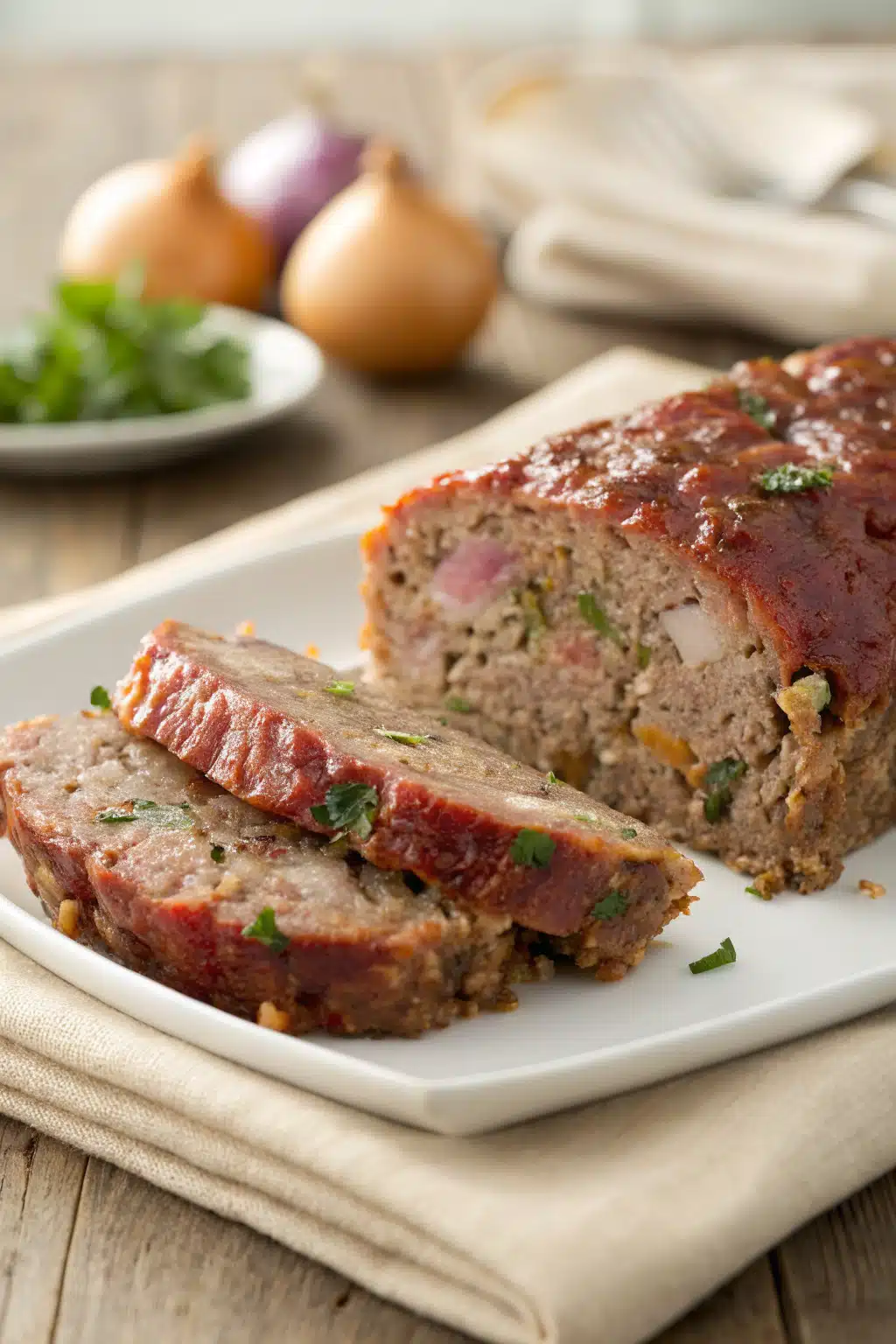 Meatloaf slice on plate showing perfect texture and swirl pattern
