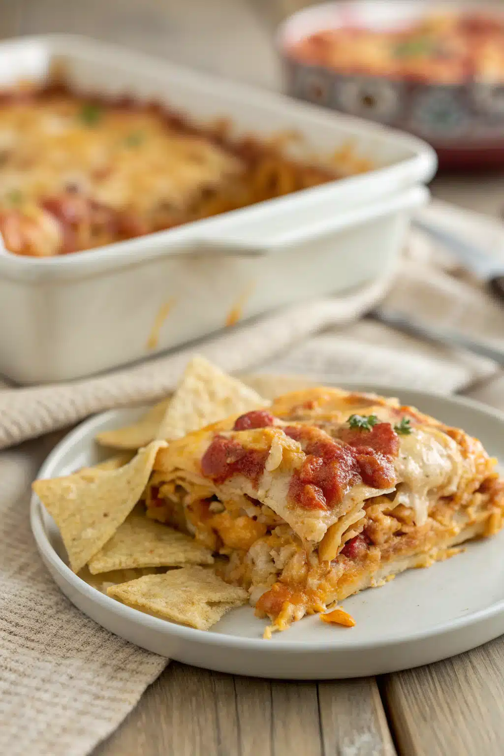 Mexican Chicken Casserole slice on plate showing perfect texture and swirl pattern