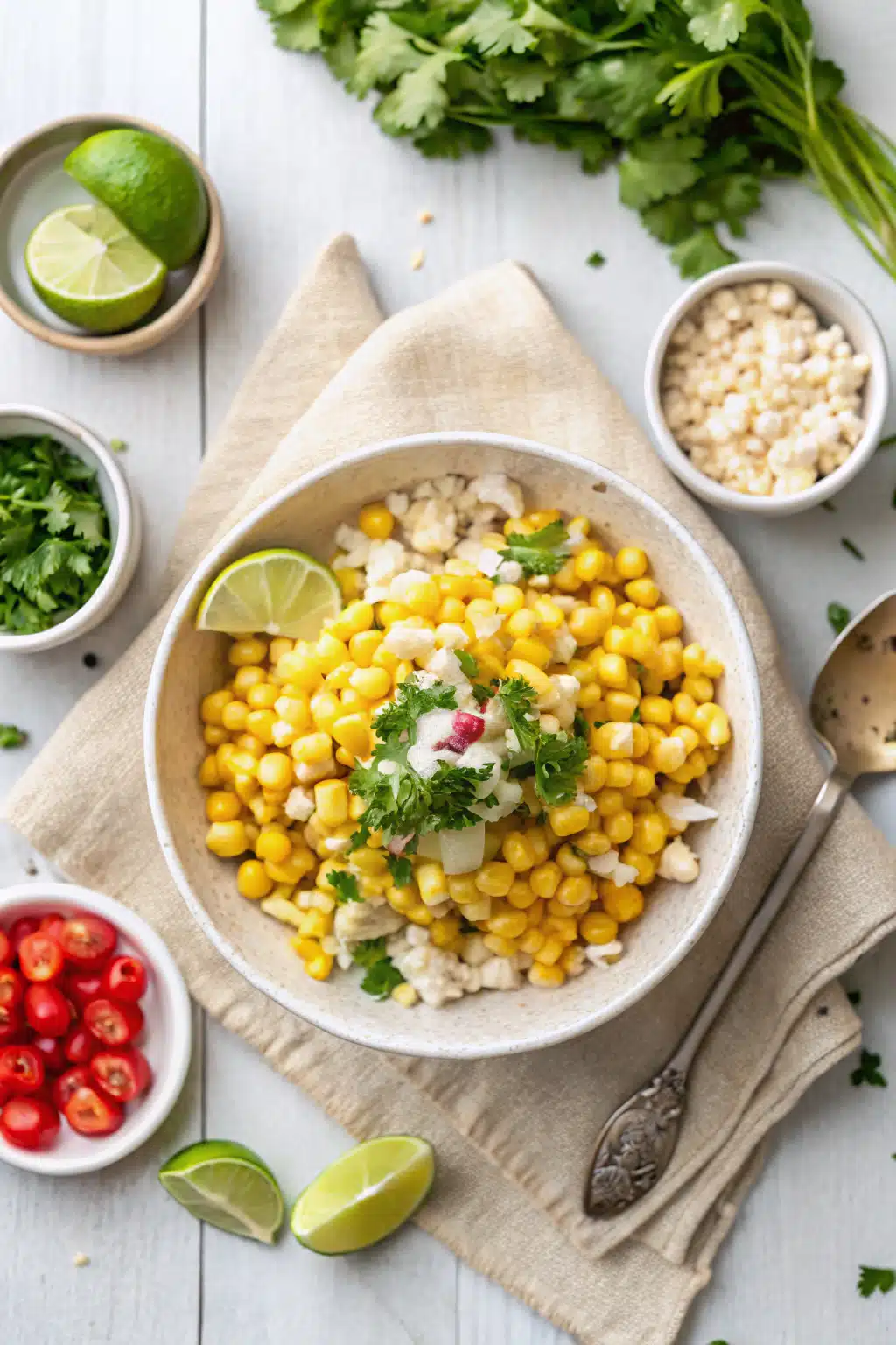 Mexican Corn Salad beautifully presented from an overhead angle