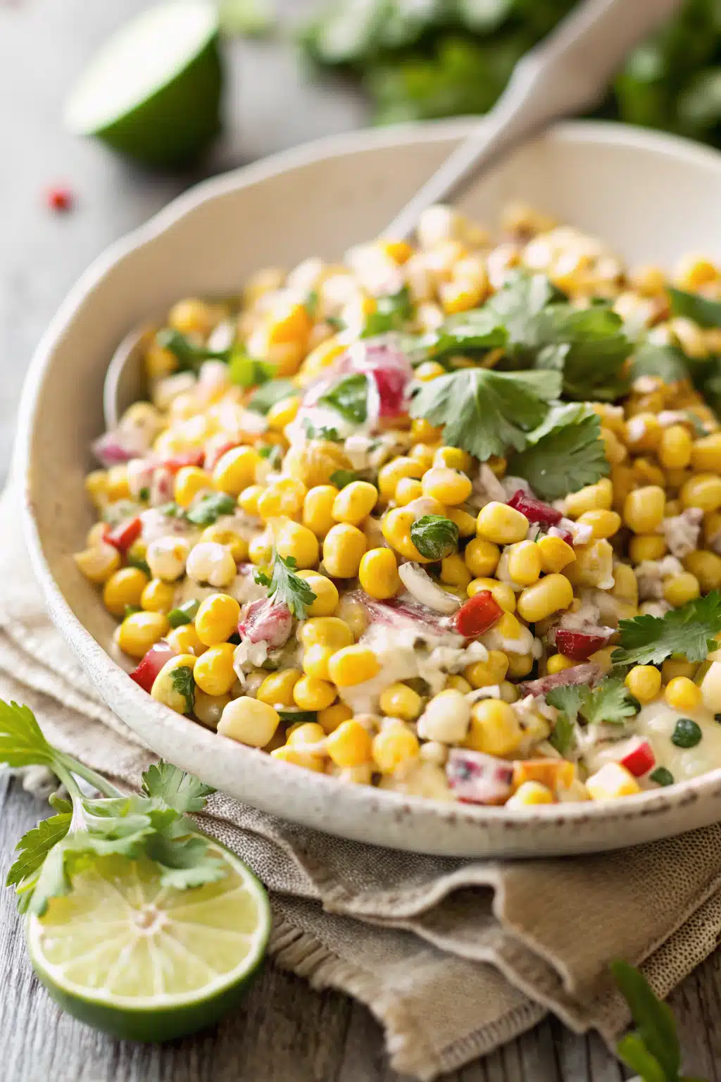 Mexican Corn Salad slice on plate showing perfect texture and swirl pattern