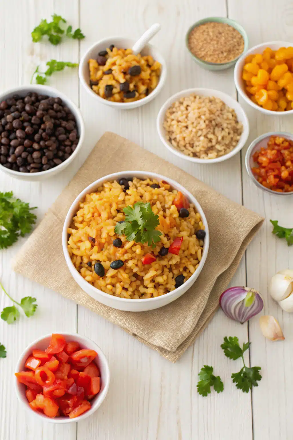 Mexican Fried Rice beautifully presented from an overhead angle