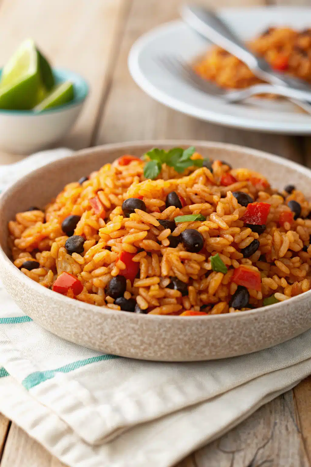 Mexican Fried Rice slice on plate showing perfect texture and swirl pattern