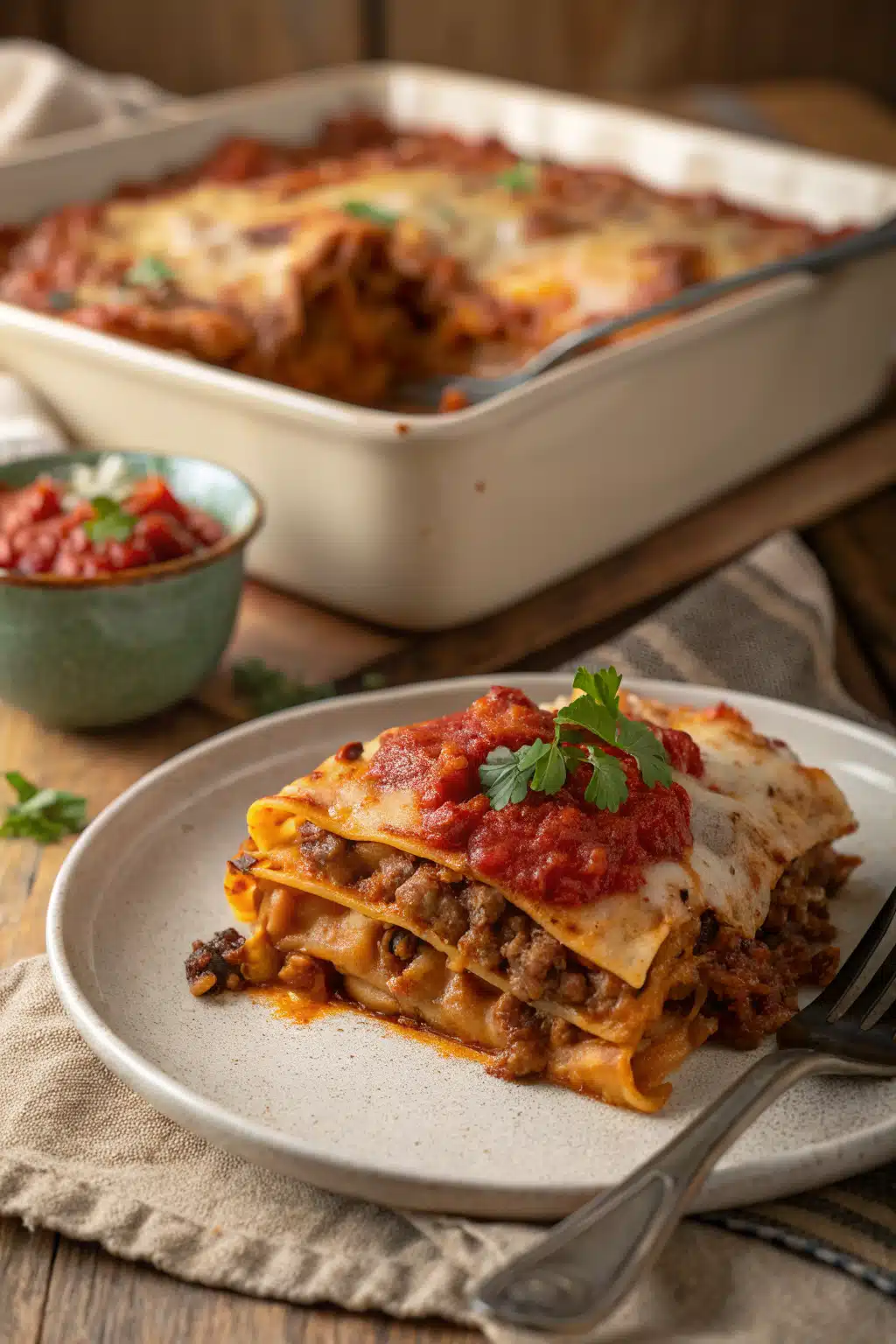 Mexican Lasagna ingredients organized and measured on kitchen counter