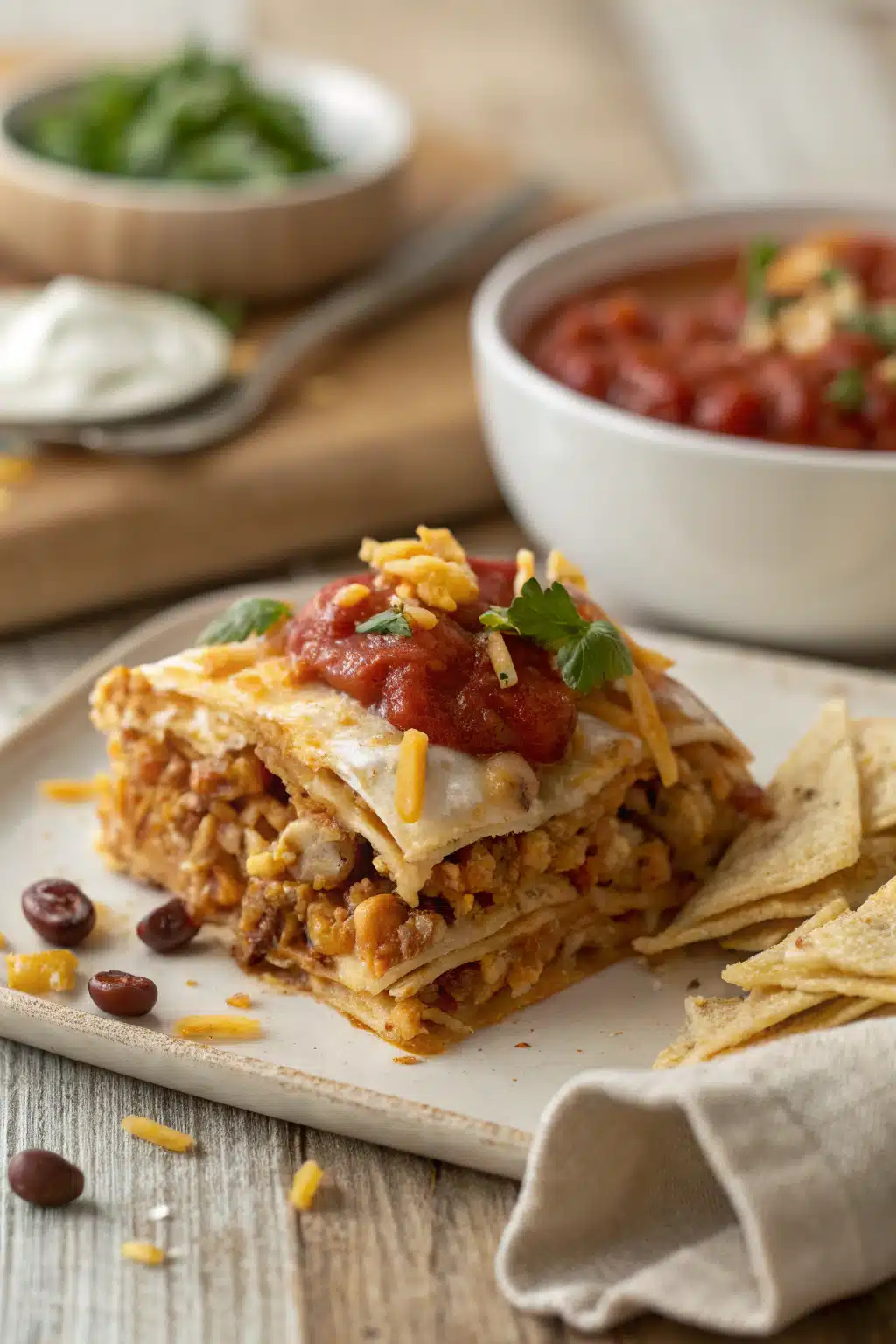 Mexican Lasagna slice on plate showing perfect texture and swirl pattern