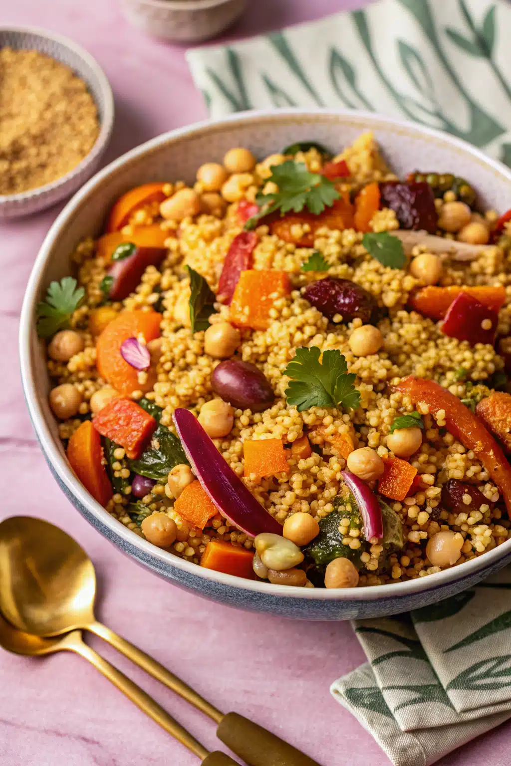 Moroccan Couscous beautifully presented from an overhead angle