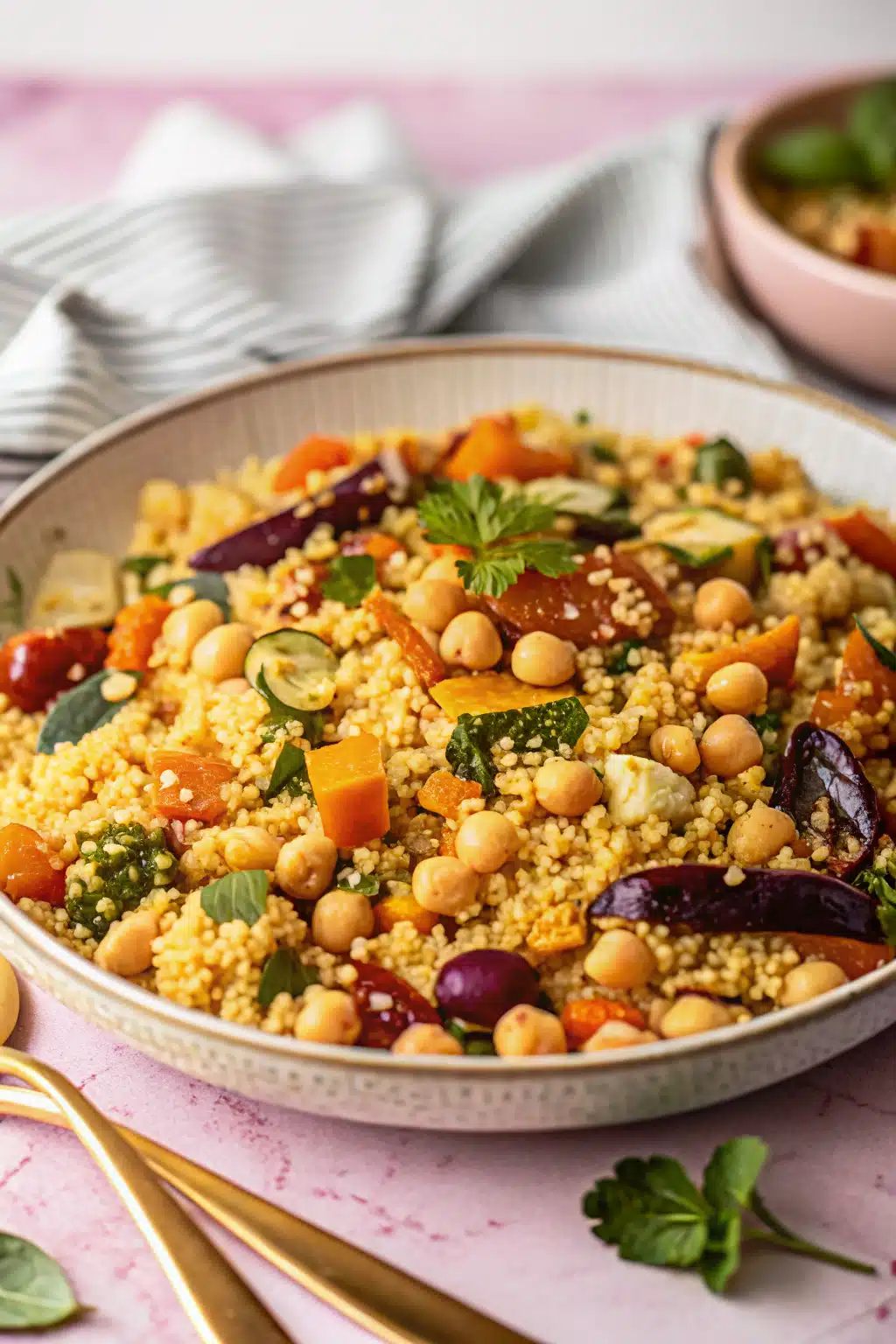 Moroccan Couscous ingredients organized and measured on kitchen counter