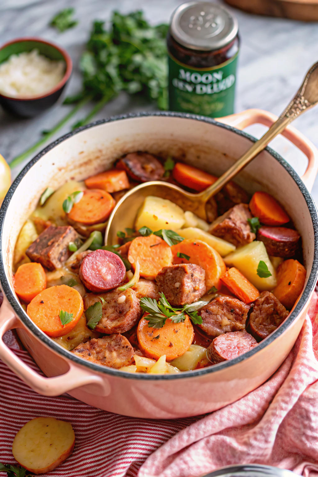 Dublin Coddle beautifully presented from an overhead angle