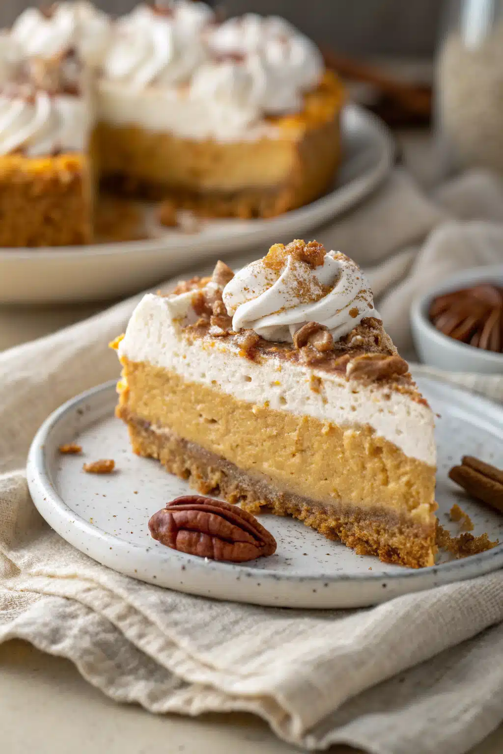 No Bake Pumpkin Cheesecake slice on plate showing perfect texture and swirl pattern