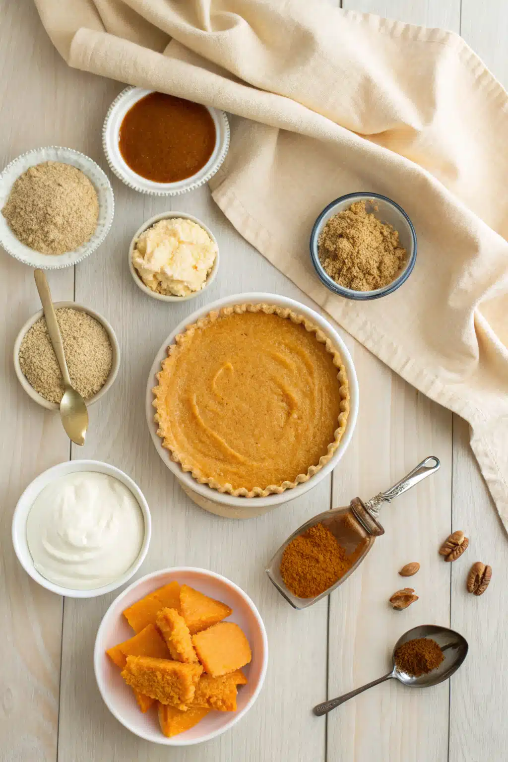 No Bake Pumpkin Pie beautifully presented from an overhead angle
