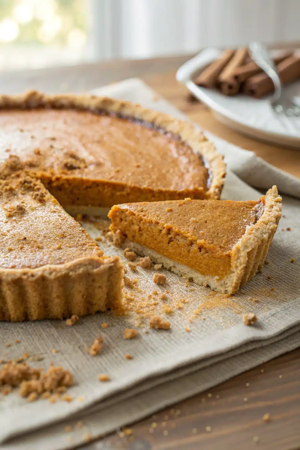 No Bake Pumpkin Pie slice on plate showing perfect texture and swirl pattern