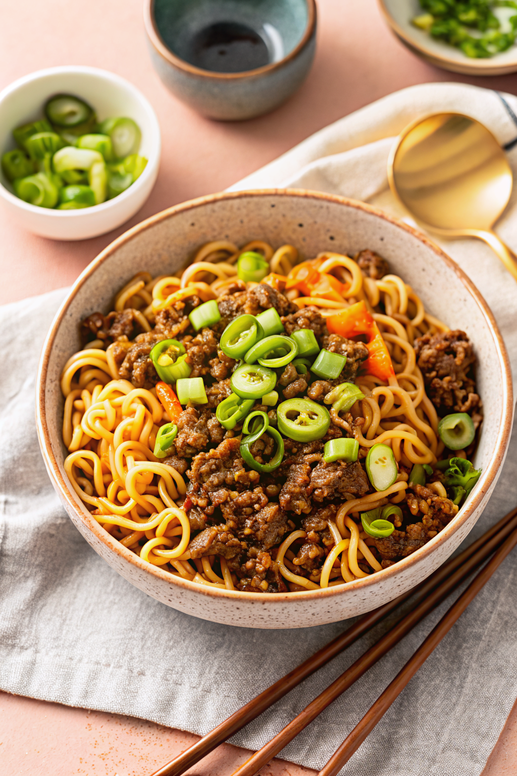 One-Pot Ground Beef Ramen Noodles beautifully presented from an overhead angle