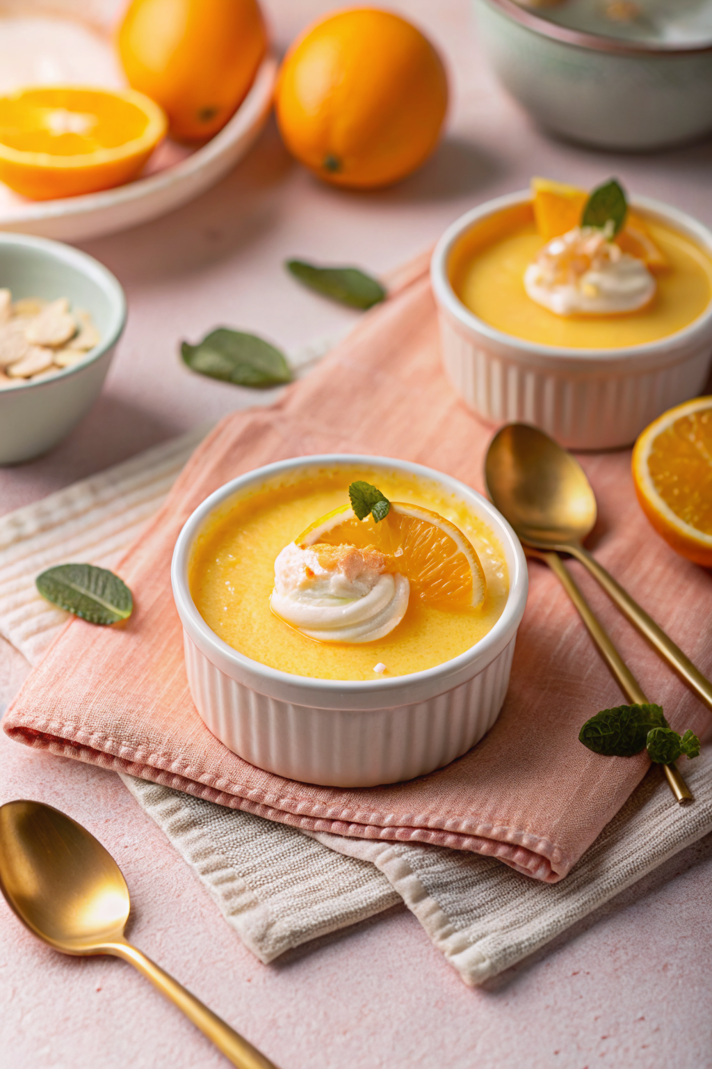 Creamy Orange Custard beautifully presented from an overhead angle
