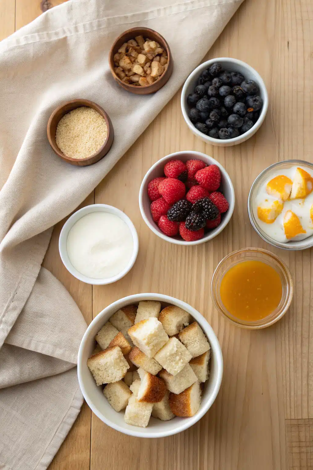 Overnight French Toast beautifully presented from an overhead angle