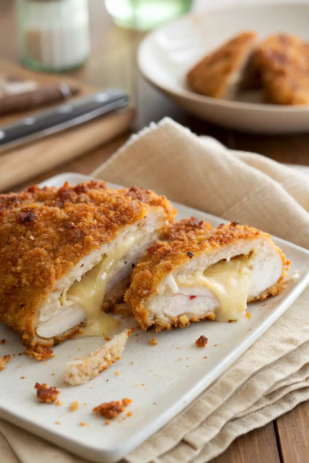 Parmesan Crusted Chicken slice on plate showing perfect texture and swirl pattern