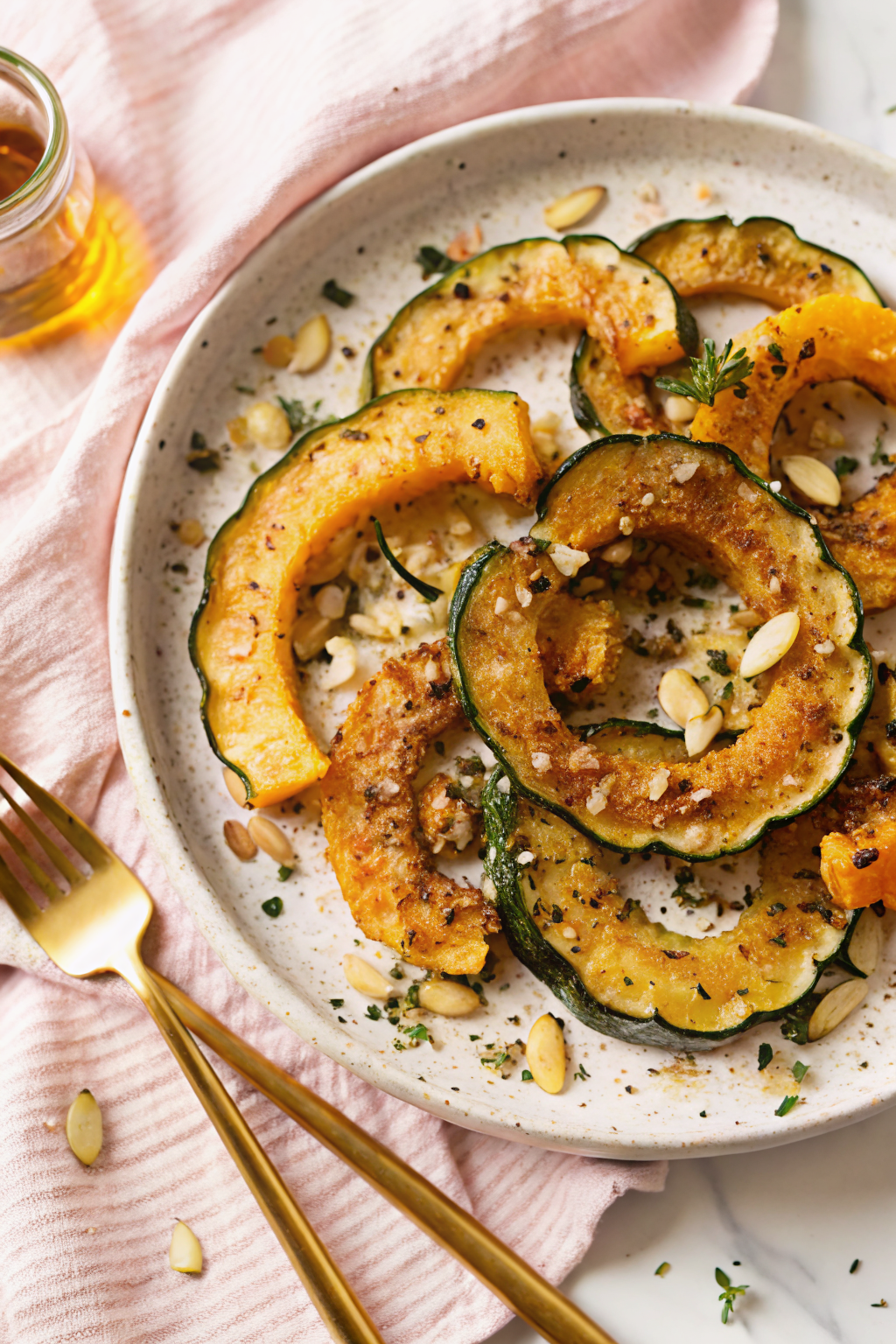 Parmesan Crusted Delicata Squash beautifully presented from an overhead angle