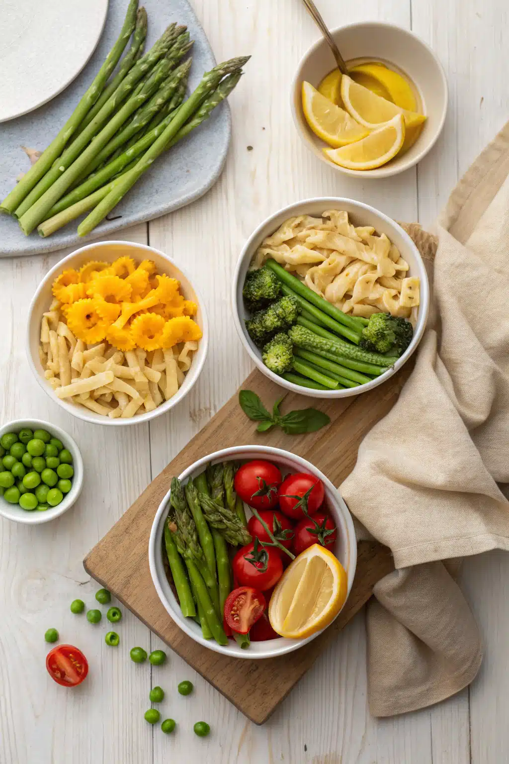 Pasta Primavera beautifully presented from an overhead angle