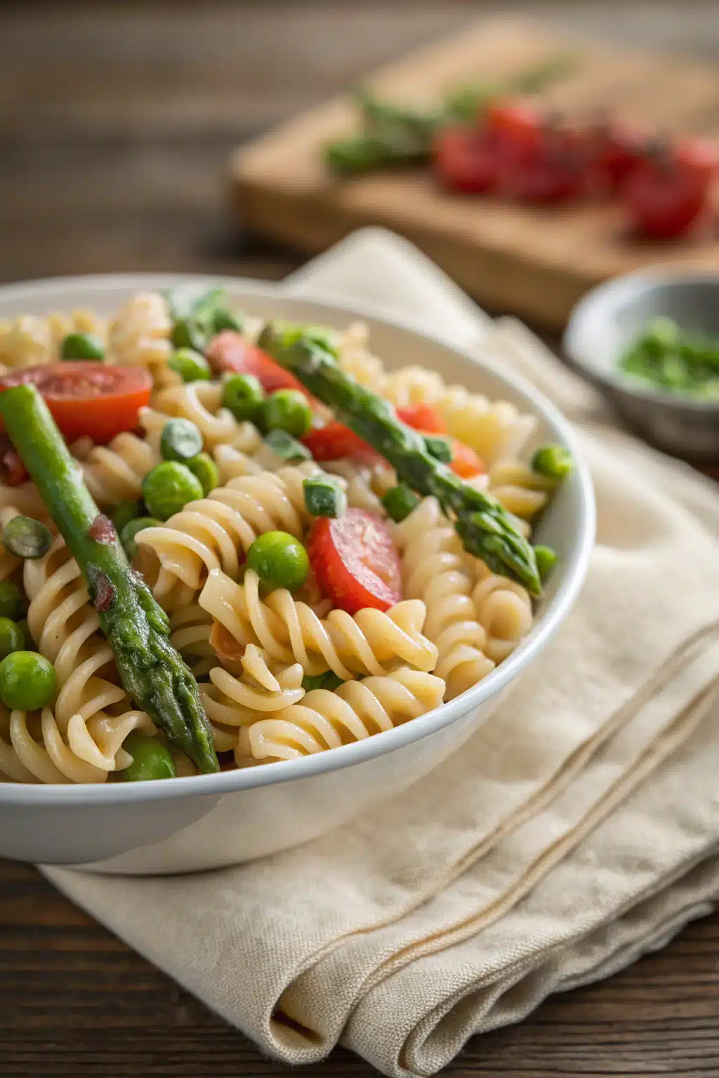 Pasta Primavera slice on plate showing perfect texture and swirl pattern