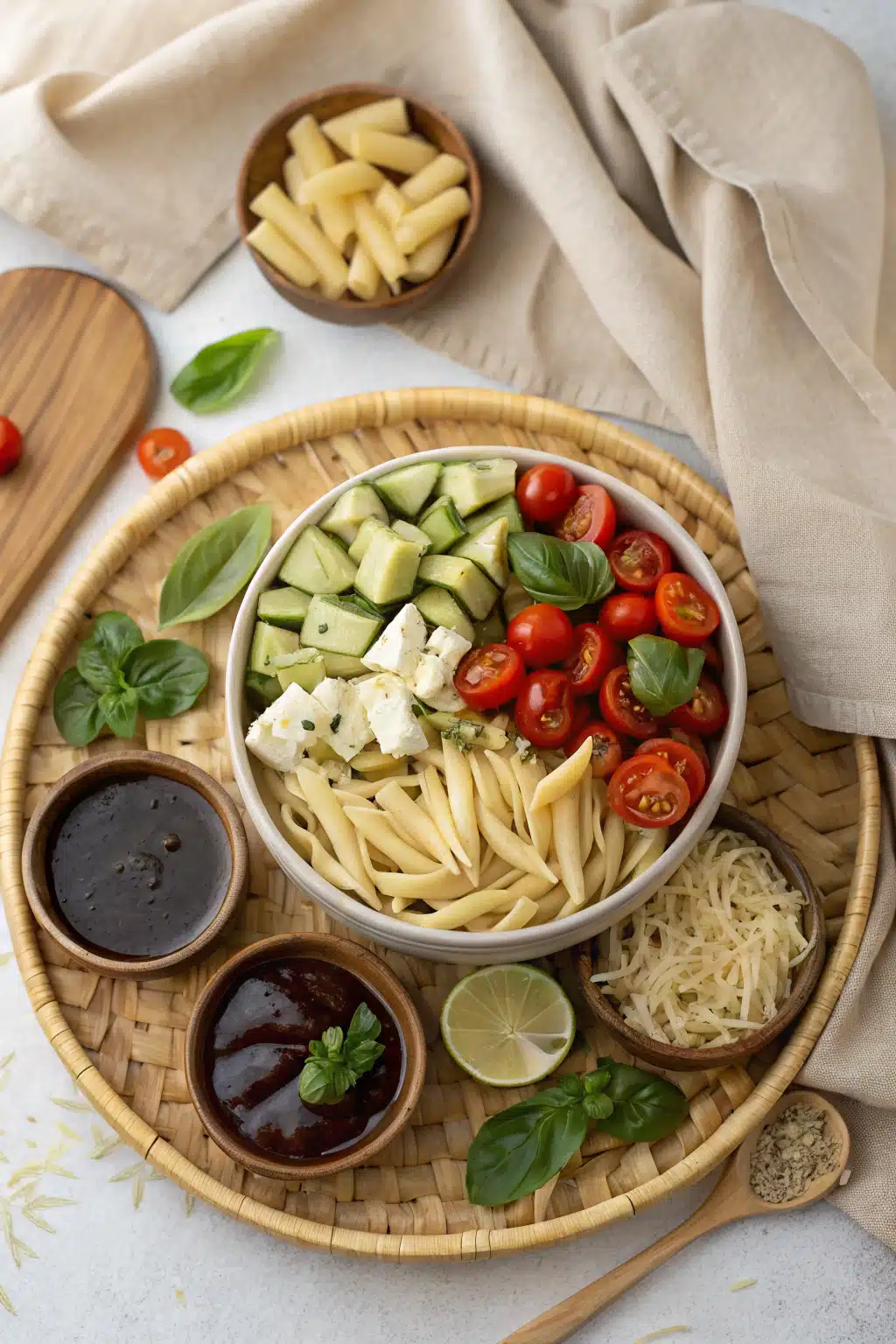 Pasta Salad beautifully presented from an overhead angle