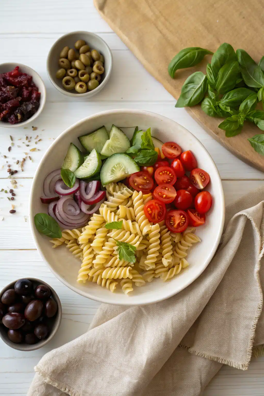 Pasta Salad Recipes beautifully presented from an overhead angle