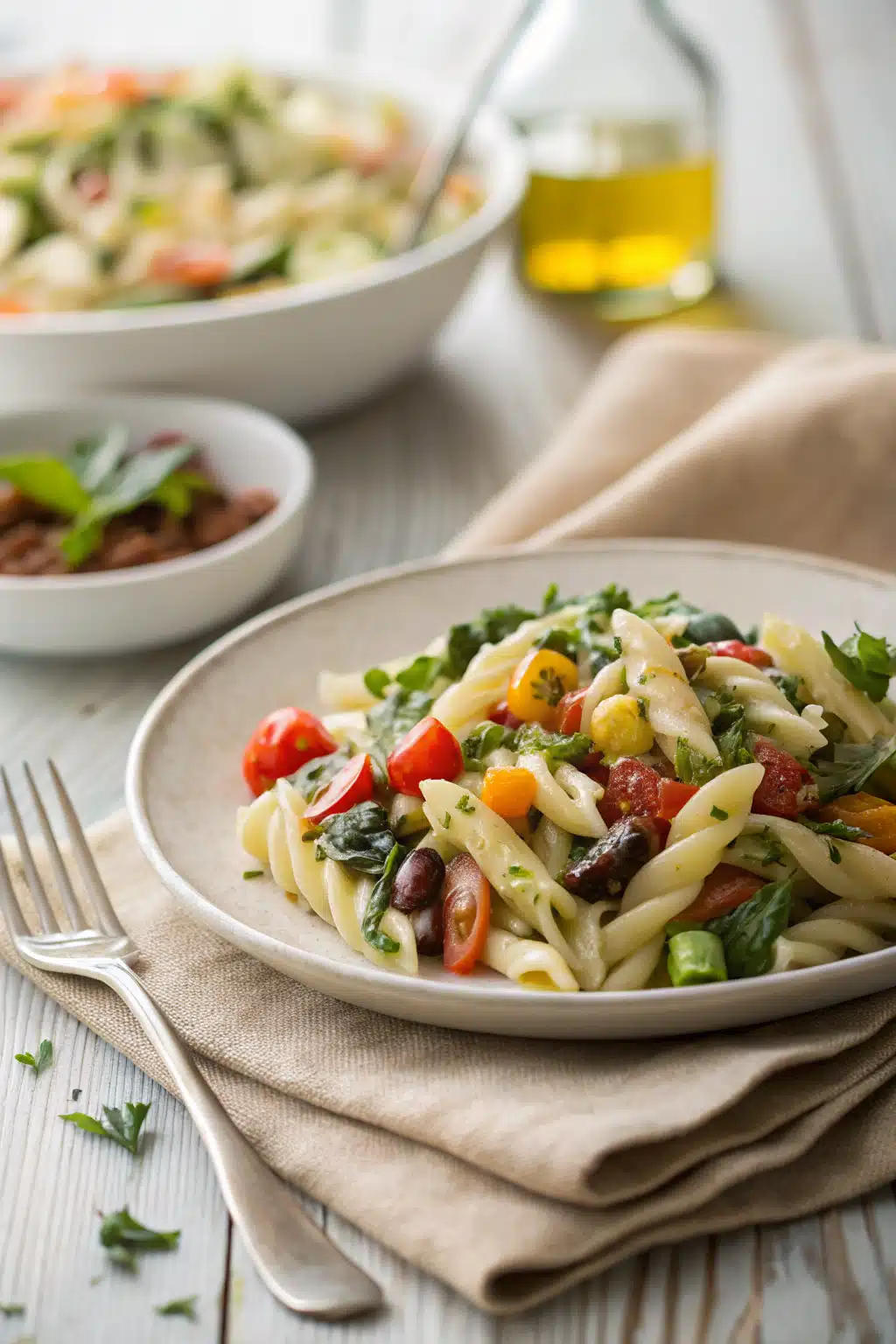Pasta Salad Recipes ingredients organized and measured on kitchen counter