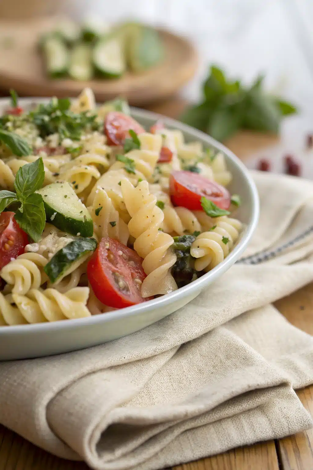 Pasta Salad Recipes slice on plate showing perfect texture and swirl pattern