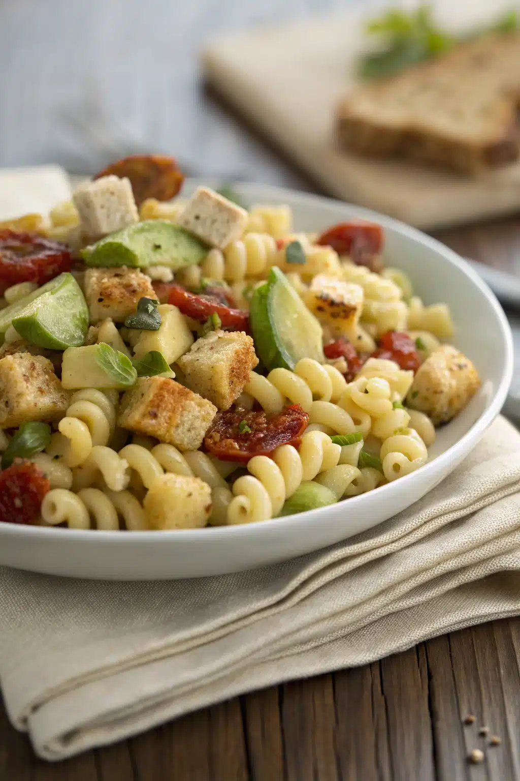 Pasta Salad slice on plate showing perfect texture and swirl pattern