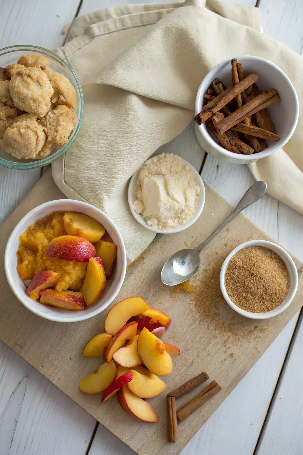 Peach Cobbler beautifully presented from an overhead angle