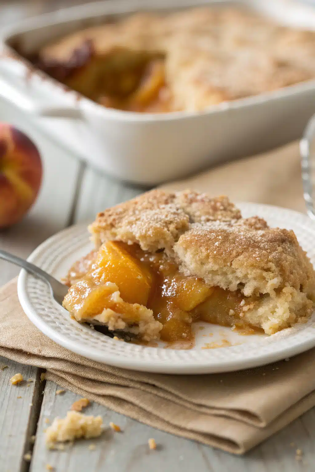 Peach Cobbler slice on plate showing perfect texture and swirl pattern