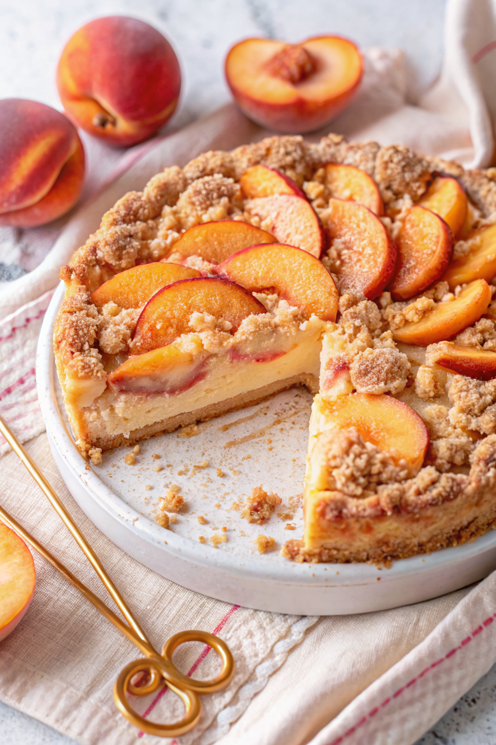 Peach Coffee Cake beautifully presented from an overhead angle